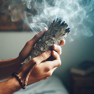 Hombre preparando sahumerio para una limpieza energética de casa
